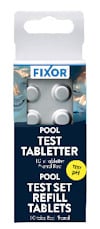 Förpackning med pH-testtabletter från Fixor, innehållande 10 tabletter för pooltest.