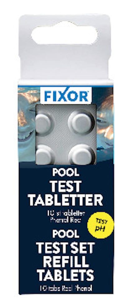 Förpackning med pH-testtabletter från Fixor, innehållande 10 tabletter för pooltest.