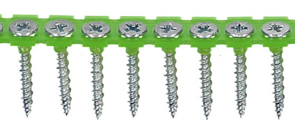 Bandade skruvar med stjärnformade skruvskallar i en grön plastremsa.