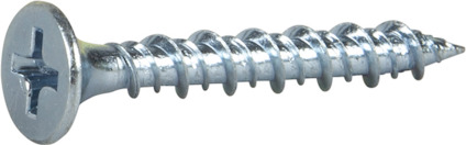 Metallisk träskruv med korsspår, liggande horisontellt.