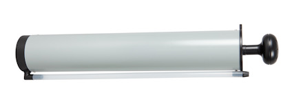 En handhållen luftpump med svart handtag och vit cylinderkropp, liggande horisontellt.