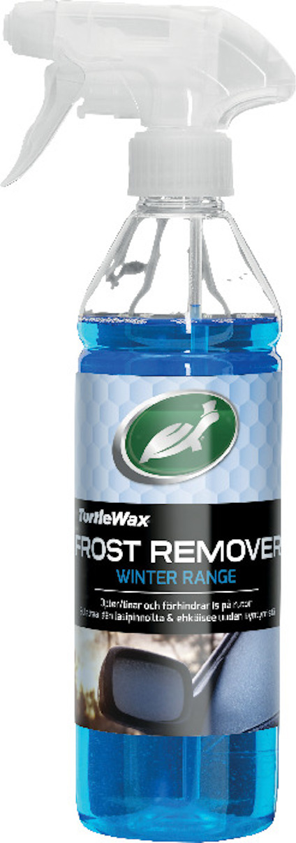 Sprayflaska med blå vätska, etiketten visar texten "Turtle Wax FROST REMOVER WINTER RANGE" och en bild av en frostig bilruta.