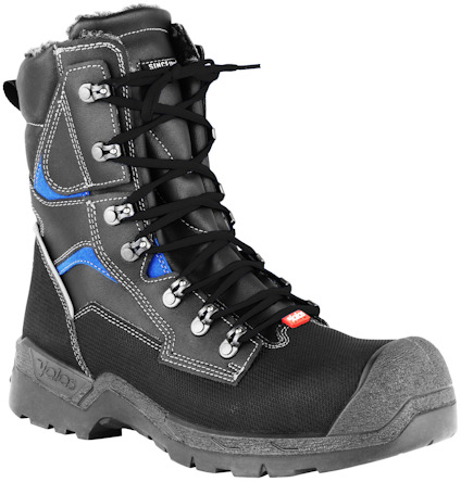 Svart och grå skyddskänga med blå detaljer, snörning och förstärkt tåparti.