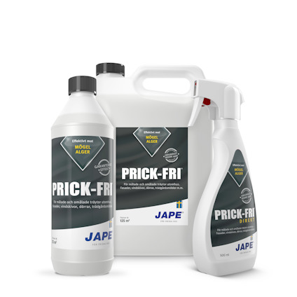 Flaskor och dunk med JAPE Prick-Fri produkt för mögelborttagning.