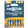 Förpackning med fyra Ansmann AAA alkaliska batterier X-Power 1,5V, med piktogram för klocka, leksak och ficklampa.