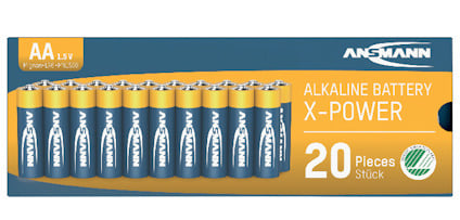 Förpackning med 20 AA-batterier, Ansmann X-Power, alkaliska, med blå och gul design.