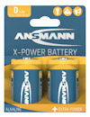 Förpackning med två Ansmann X-Power 1,5V D-batterier, märkta "Extra Power", med orange och blå detaljer.