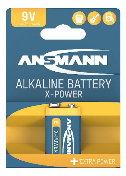 Förpackning med 9V X-Power alkaliskt batteri från Ansmann, med orange och blå design.