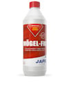 Flaska med rött och vitt etikett, text "Mögel-Fri" och "Effektivt mot mögel". Röd kork. Varumärke "Jape".
