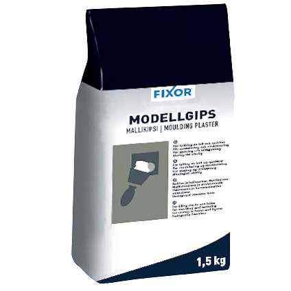 Förpackning med texten "FIXOR MODELLGIPS MALLIKIPSI MOULDING PLASTER" 1,5 kg, med illustration av en spackelspade.