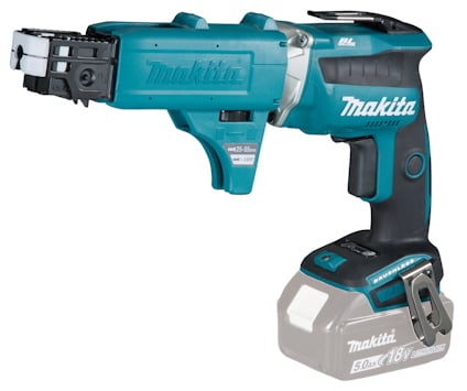 Skruvautomat i blått och svart med Makita-logotyp. Använder 18V-batteri och stödjer skruvar 25-55mm.