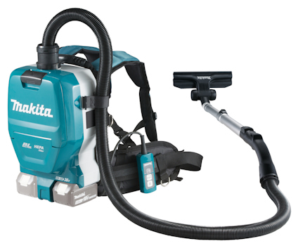 Turkos ryggdammsugare med två batterifack, bärsele och svart sugslang. Text på enheten: "Makita", "HEPA".