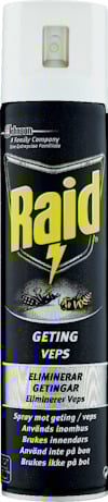 Sprayburk med svart och vit etikett, text "Raid" och illustration av getingar. Text på flera språk om användning.