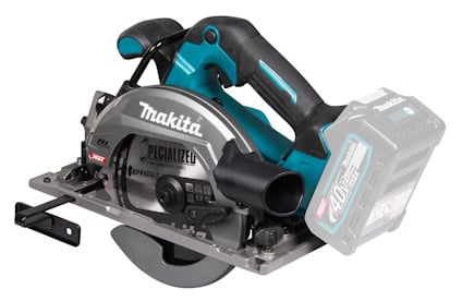 Makita cirkelsåg med blå och svart design, inkl. handtag, bladskydd och batterifack.