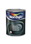 Plåtburk med svart metallfärg från Nordsjö, etikett med regnbågsmönster och text på flera språk.