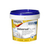 Vit och blå hink med etikett som visar "Polyfilla Universal Filler." Text på flera språk och bilder av användning på vägg och tak.