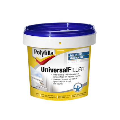 Vit och blå hink med etikett som visar "Polyfilla Universal Filler." Text på flera språk och bilder av användning på vägg och tak.