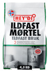Förpackning med Hey'di Eldfast Mørtel, en eldfast brukspåse på 4,5 kg, med text och logotyper.