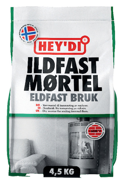 Förpackning med Hey'di Eldfast Mørtel, en eldfast brukspåse på 4,5 kg, med text och logotyper.