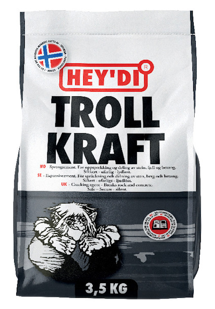 Förpackning med texten "HEY'DI TROLL KRAFT" och en illustration av en trollfigur, vikt angiven som 3,5 kg.
