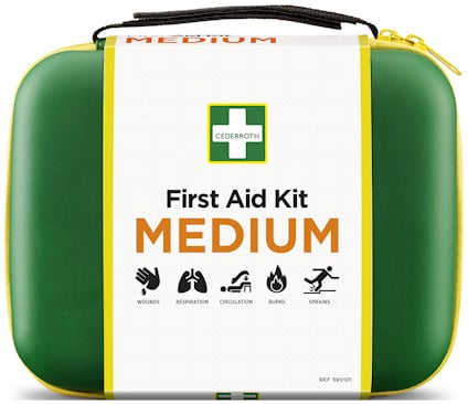 Grönt första hjälpen-kit med texten "First Aid Kit Medium". Innehåller ikoner för olika skador och har en gul dragkedja.