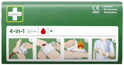 Cederroth blodstoppare i grön förpackning med instruktioner i fyra steg för sårvård och första hjälpen.
