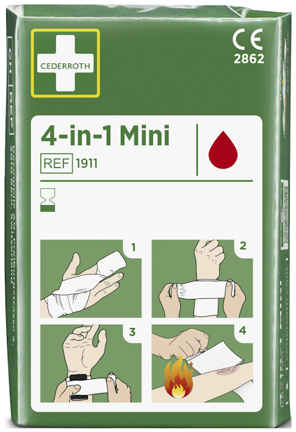 Grön förpackning med texten "4-in-1 Mini" från Cederroth. Innehåller instruktioner med bilder för bandagering.
