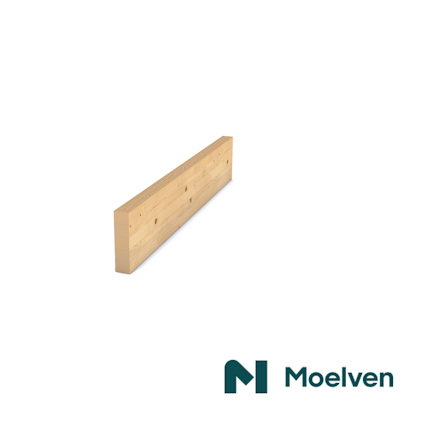 Rektangulär träbalk mot vit bakgrund med Moelvens logotyp i nedre högra hörnet.