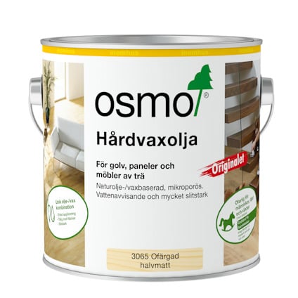 Plåtburk med etikett för Osmo hårdvaxolja, märkt "Originalet" och "3065 Ofärgad halvmatt".