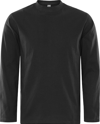 Svart långärmad t-shirt med rund hals, sedd framifrån.