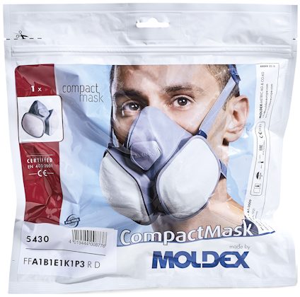 Förpackning med Moldex CompactMask, modell 5430, typ FFA1B1E1K1P3 RD, visar en man med masken på.
