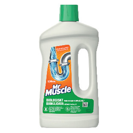 Vit plastflaska med grönt lock, etikett med texten "Mr Muscle Biologiskt Nedbrytbar Propplösare".