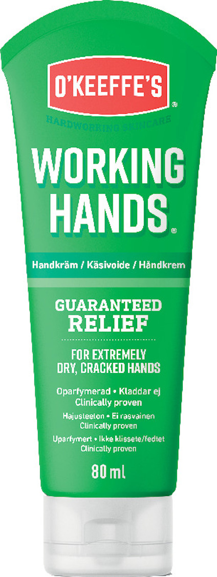 Grön tub med texten "O'Keeffe's Working Hands" och "Guaranteed Relief for Extremely Dry, Cracked Hands" på framsidan.