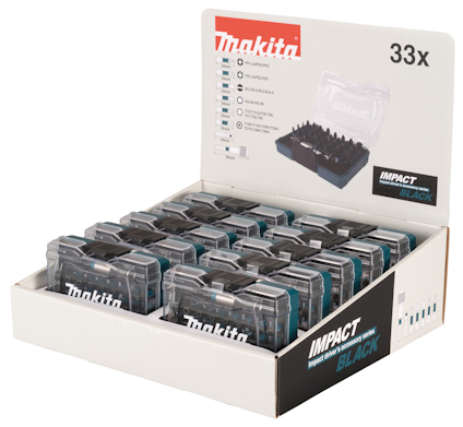 Display med Makita Impact Black bitssatser, totalt 33 bitar i plastlådor, med bilder och text på förpackningen.