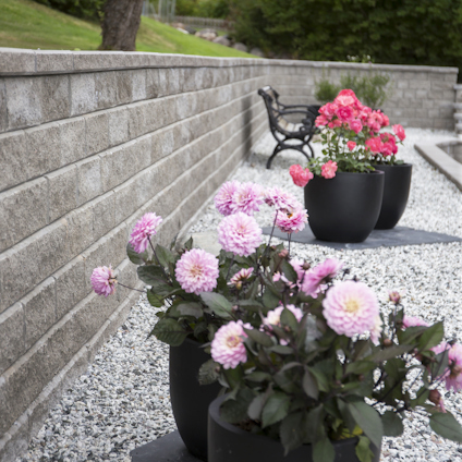 Stenlagd trädgårdsgång med blomkrukor och rosor, bänk i bakgrunden mot en murad stenmur.