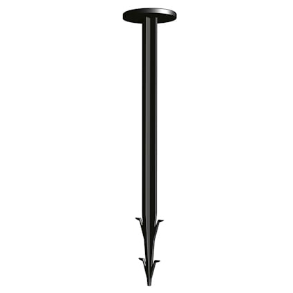 Svart plastspik med platt huvud och flera hullingar längs skaftet.