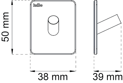 Ritning av väggkrok, märkt "habo", med dimensioner: 50x38 mm och 39 mm djup.