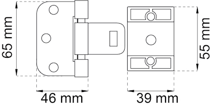 Teknisk ritning av gångjärn med mått: 65x46 mm, 39x55 mm.