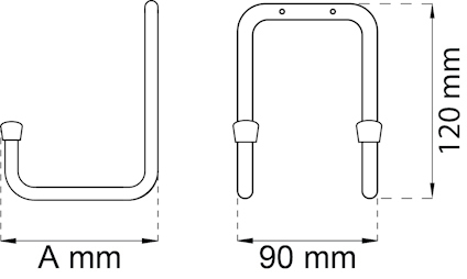 Ritning av U-formad stålkonstruktion med måtten 120 mm höjd och 90 mm bredd, variabel längd A mm.