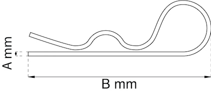 Illustration av en metallklämma med mått A mm i höjd och B mm i längd.