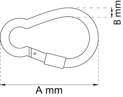 Illustration av en karbinhake med måtten A mm och B mm markerade med pilar.