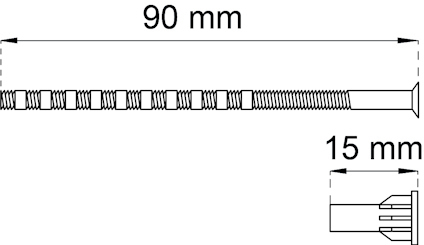 Skruv med mått 90 mm längd och 15 mm huvudbredd, inklusive gängor och streckmarkerad skaftdel.
