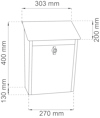 Illustration av en brevlåda med måtten 303 mm x 400 mm x 200 mm och ett mått på 130 mm för den avsmalnande delen.