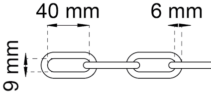 Kedja med länkar som har dimensionerna 40 mm längd, 6 mm tjocklek och 9 mm höjd.