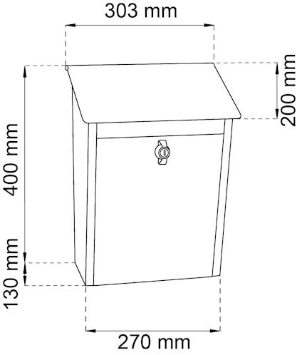 Svartvit ritning av brevlåda med mått: 303 mm bredd, 400 mm höjd, 270 mm djup, 200 mm lock, 130 mm botten.