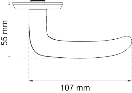 Diagram av ett dörrhandtag med måtten 55 mm höjd och 107 mm längd.