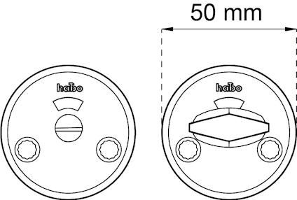 Cirkulär komponent med texten "habo", två skruvhål och pilmarkering. Diameter angiven som 50 mm.