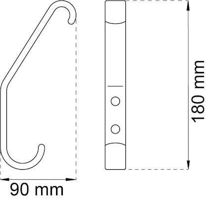 Ritning av krok i profil och frontalvy med mått: 90 mm bredd och 180 mm höjd.