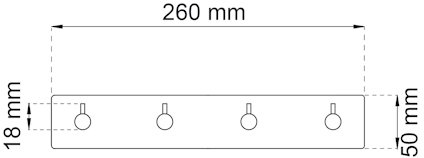 Ritning av en rektangulär hållare med fyra krokar, mått 260 mm x 50 mm x 18 mm.
