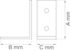 Diagram av en vinkelprofil med måtten A, B, och C markerade i millimeter och två hål på en sida.